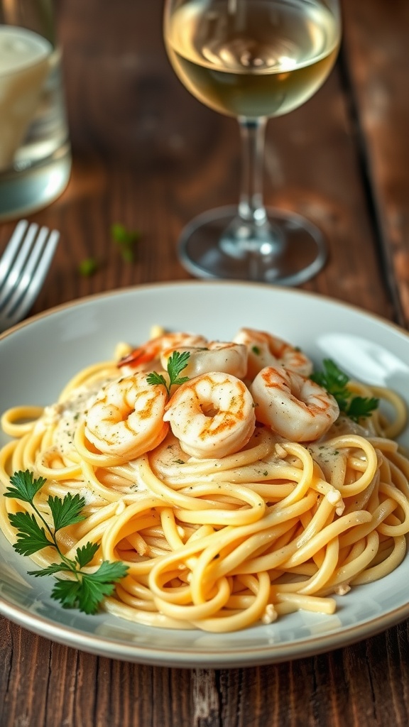 Creamy shrimp alfredo pasta with fettuccine and garnished with parsley.